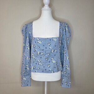 Rachel Zoe Blue Floral‎ Puff Sleeve Top Square Neck Smocked XL Cottagecore